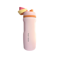 Pink water bottle with colorful cap on a white background